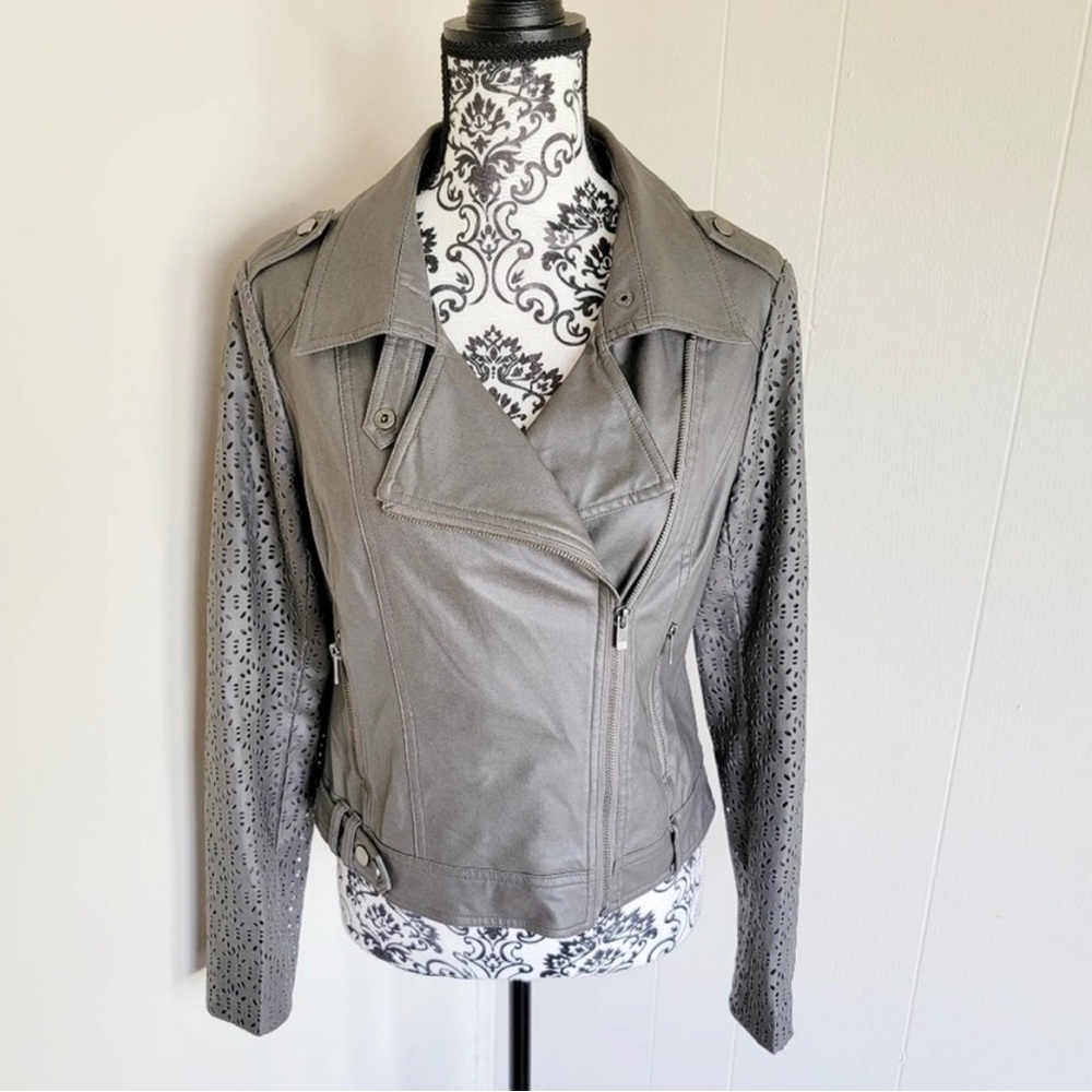 Blanc Noir Vegan Leather Moto Jacket Gray Laser Cut Sleeves